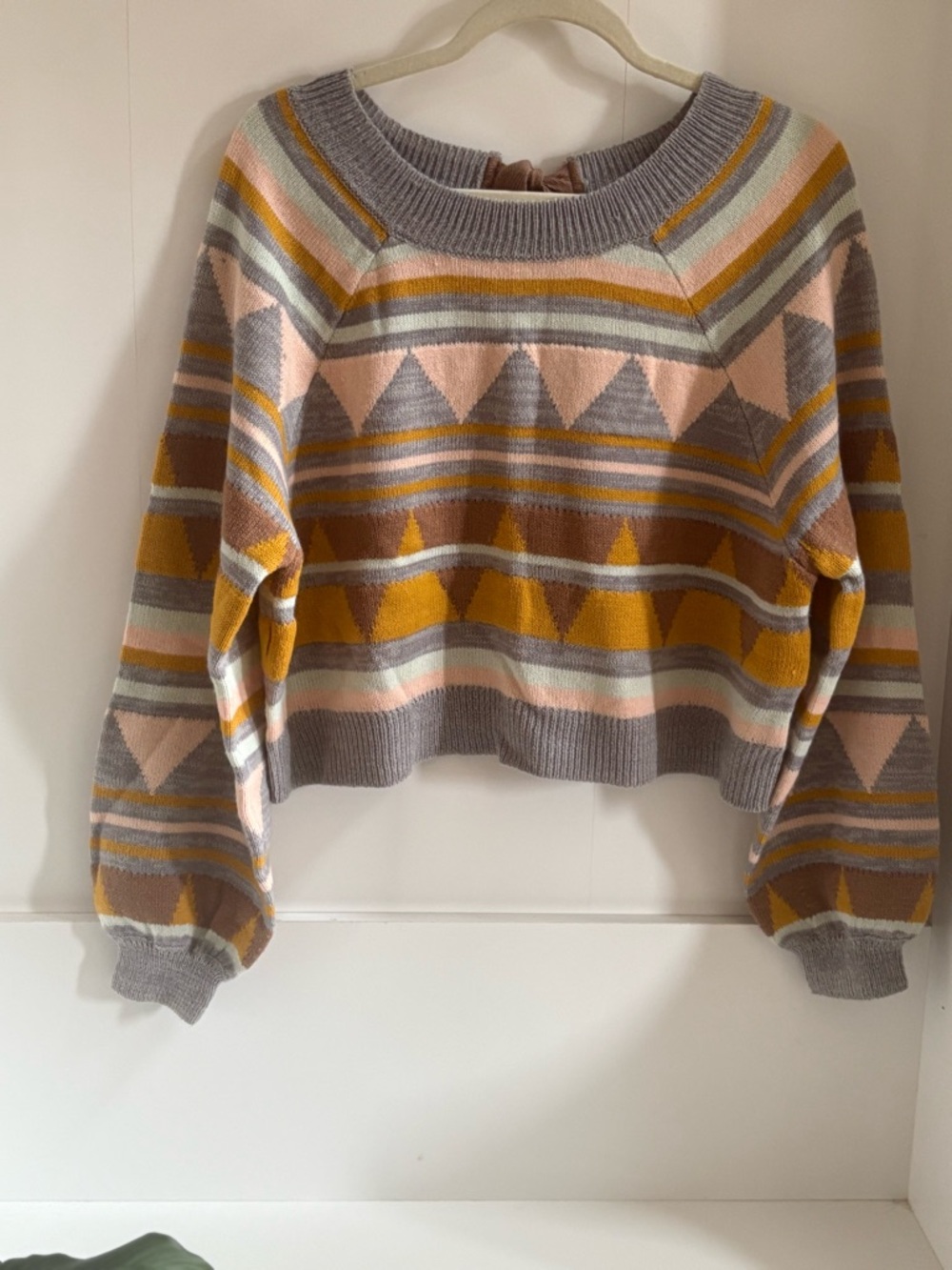 Patterned Cropped Crew Sweater - Gray, Mustard & Blush